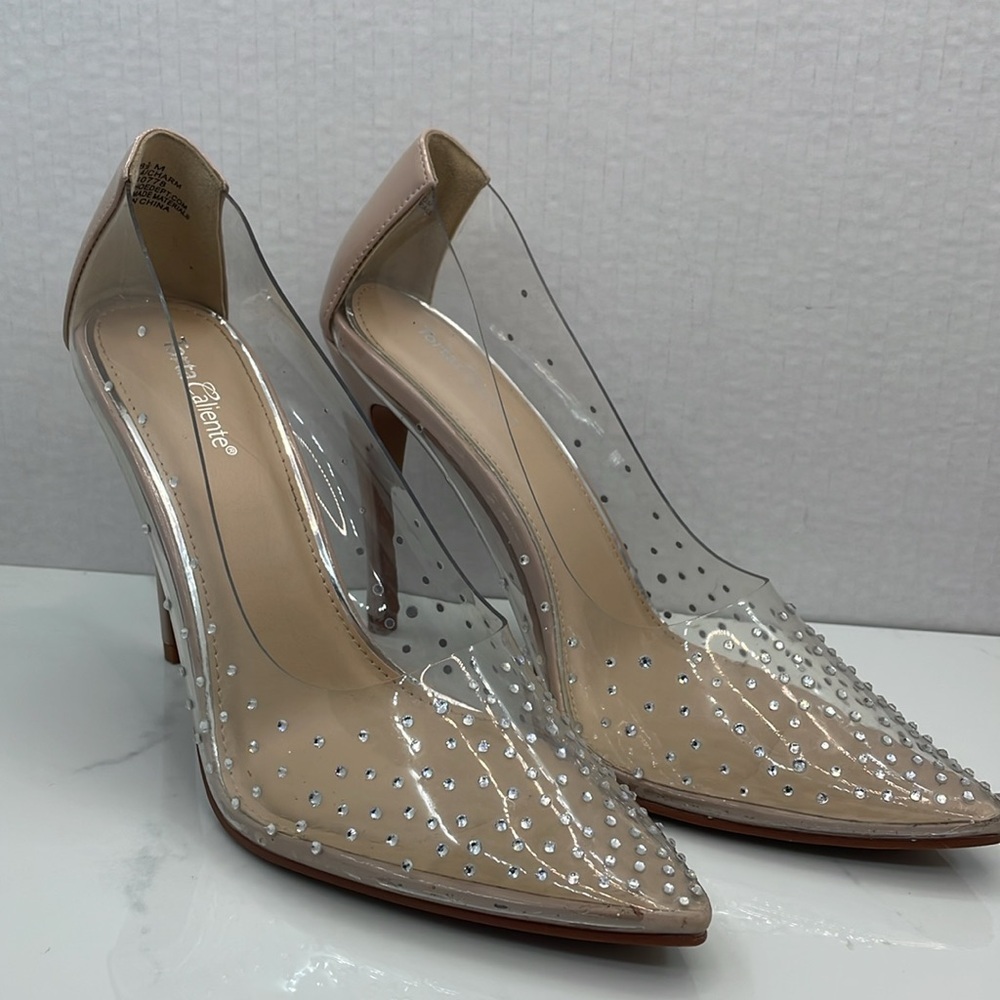 Clear PVC Rhinestone Pointed Toe Heels in Nude